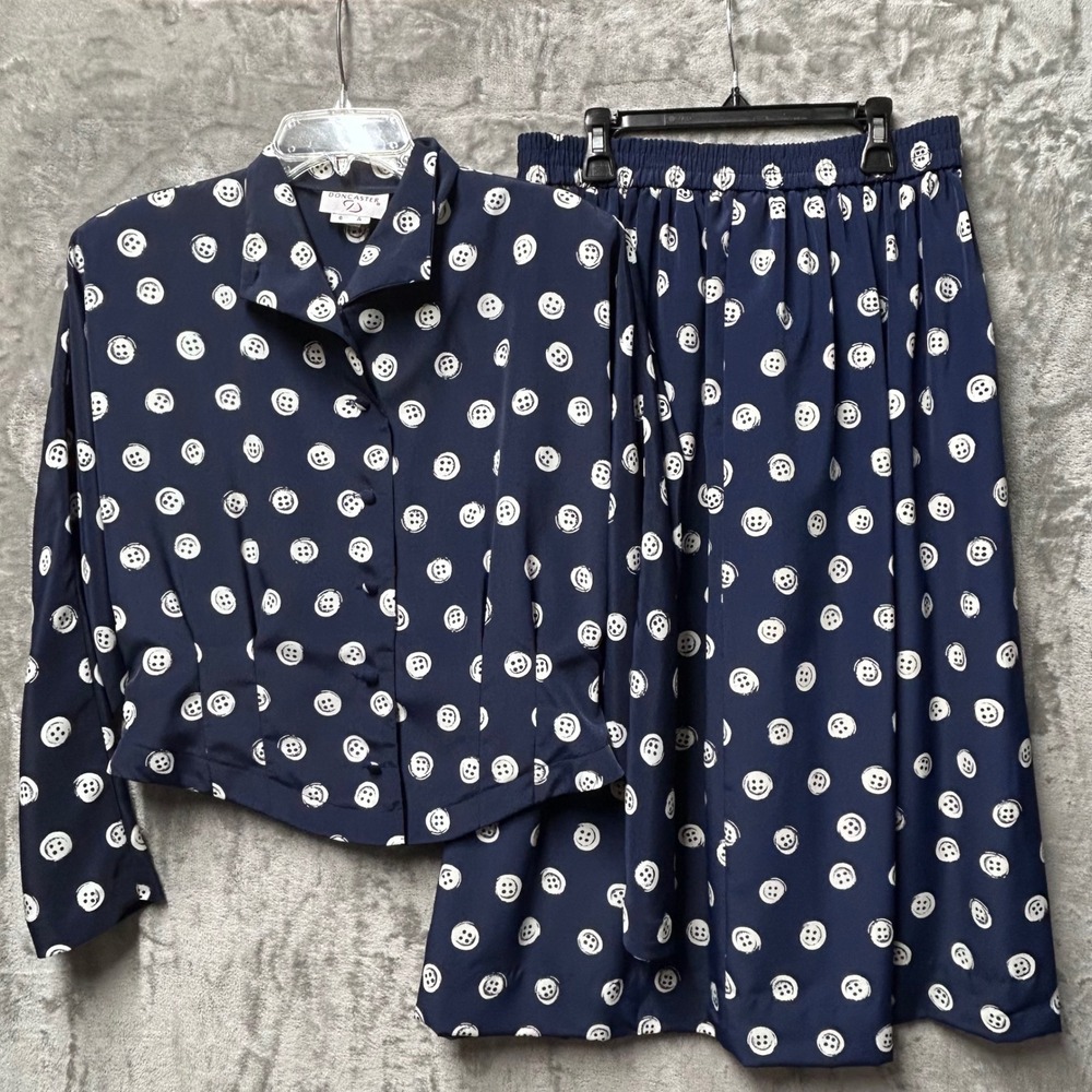 Vtg 90s Doncaster Navy Button Print 2pc Power Peplum Skirt Suit Set Women Sz 6-8
